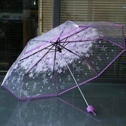 Romantic Fashion UV Proof Sun Umbrella Transparent Umbrella Cherry Blossom Three Fold Umbrella Semi Automatic Long Handle Umbrella