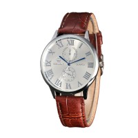Leather Analog Wrist Watch For Men - Silver White & Brown