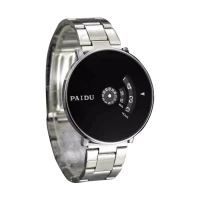 Stainless Silver Band PAIDU Quartz Wrist Watch Black Turntable Dial For Men