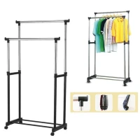 Double Pole Telescopic Foldable Clothes Rack Stand Clothes Shoes Drying Rack Hanger With Wheel