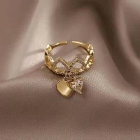 Gold Color Hollow Heart Pendant Open Rings for Women Sweet Shiny Zircon Rings
